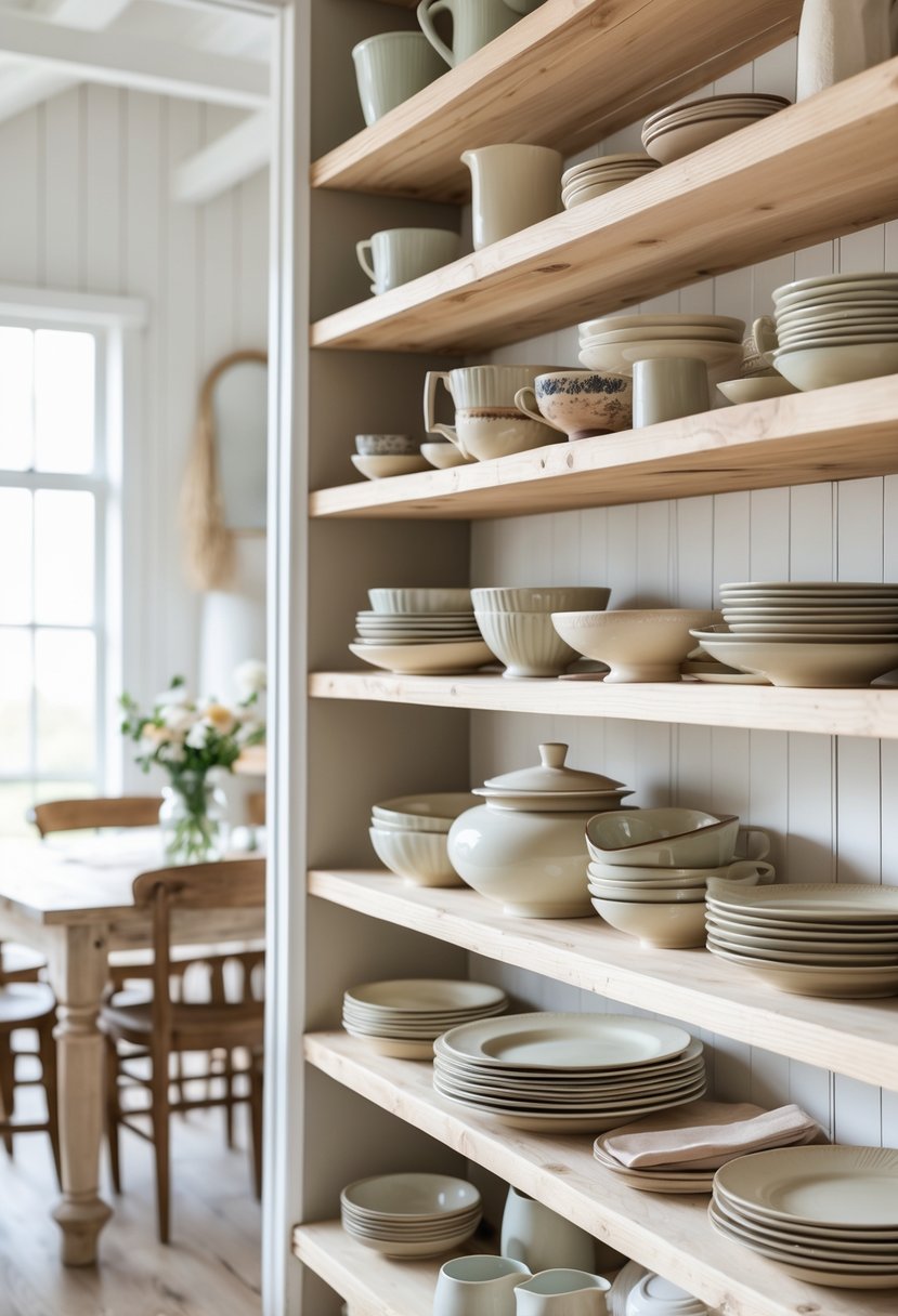 Open wooden shelves filled with vintage dishware in a bright dining room with a wooden table and chairs.