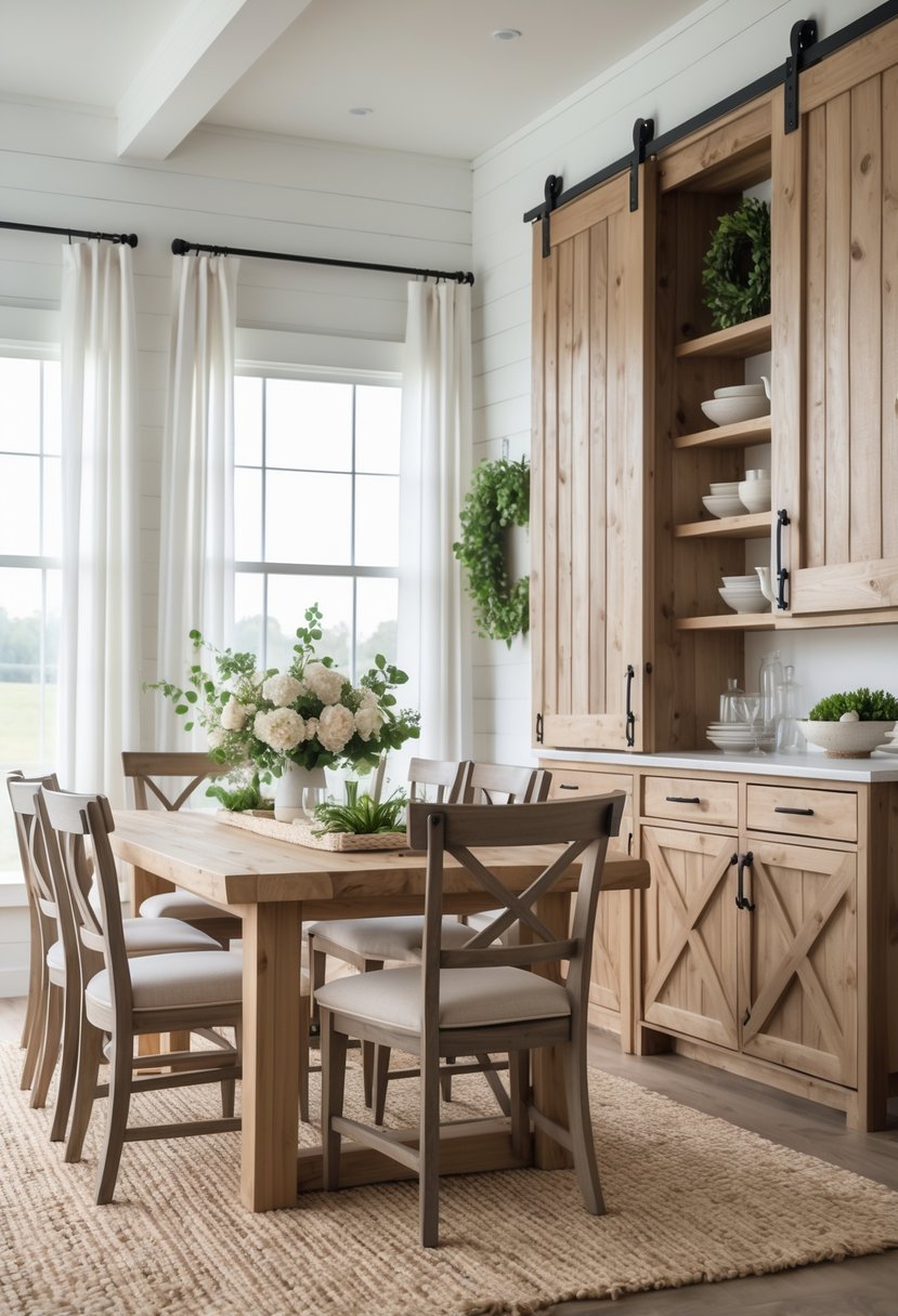 A dining room with wooden cabinetry featuring sliding barn doors, a wooden dining table with chairs, and natural light coming through windows.