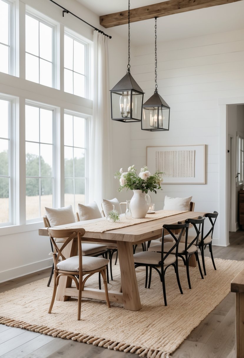 A bright dining room with a wooden table, chairs, and natural fiber rugs on the floor beneath the table.
