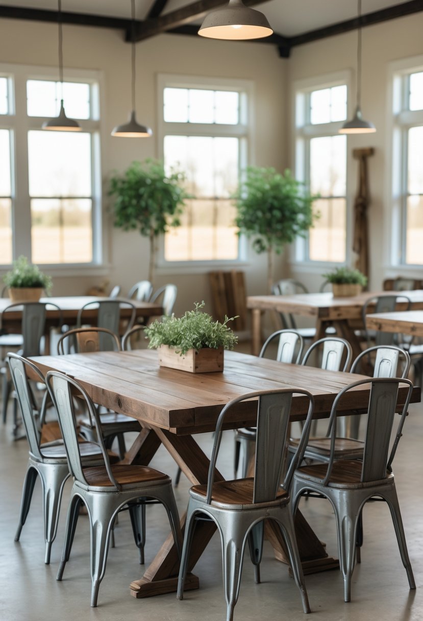 A dining room with 15 metal chairs arranged around wooden tables under natural light.