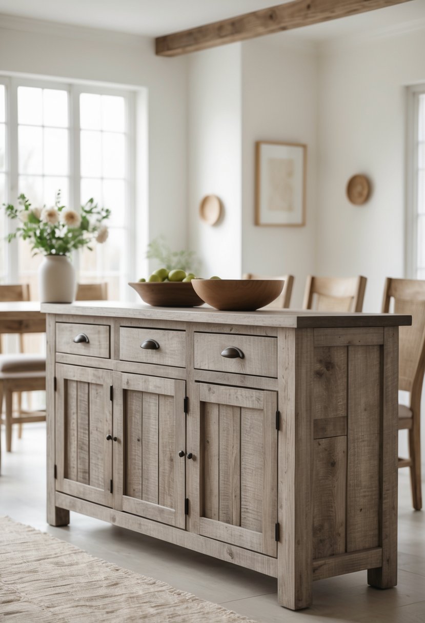 A distressed wood buffet or sideboard in a bright dining room with a wooden table and chairs.
