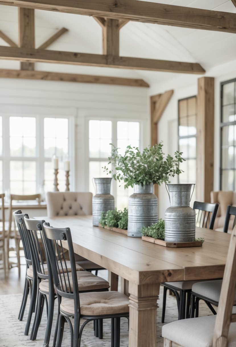 A dining room with a wooden table and chairs, decorated with galvanized metal vases and candle holders, illuminated by natural light from large windows.