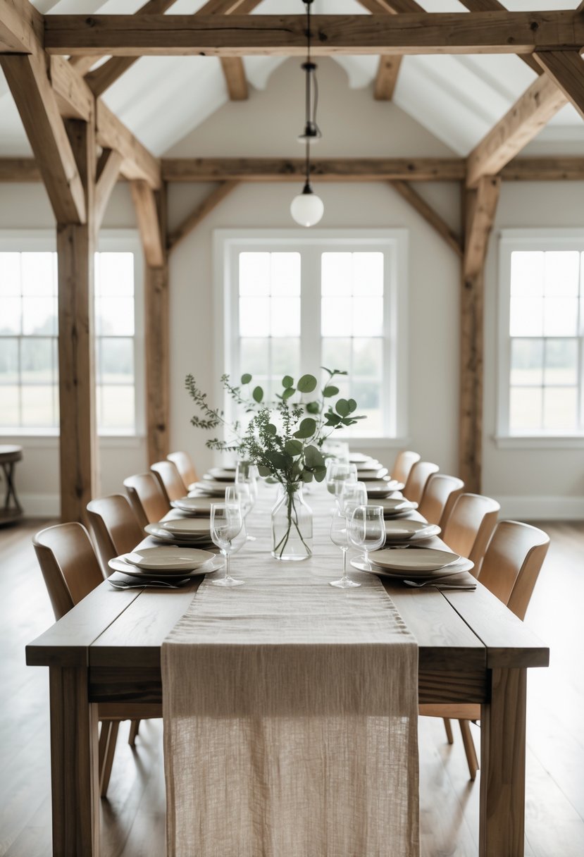 A wooden dining table with simple linen table runners set with plates and glassware in a bright dining room.