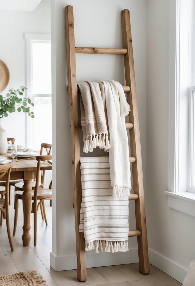 Wooden ladder leaning against a wall with textiles draped over it in a dining room with a wooden table and chairs.