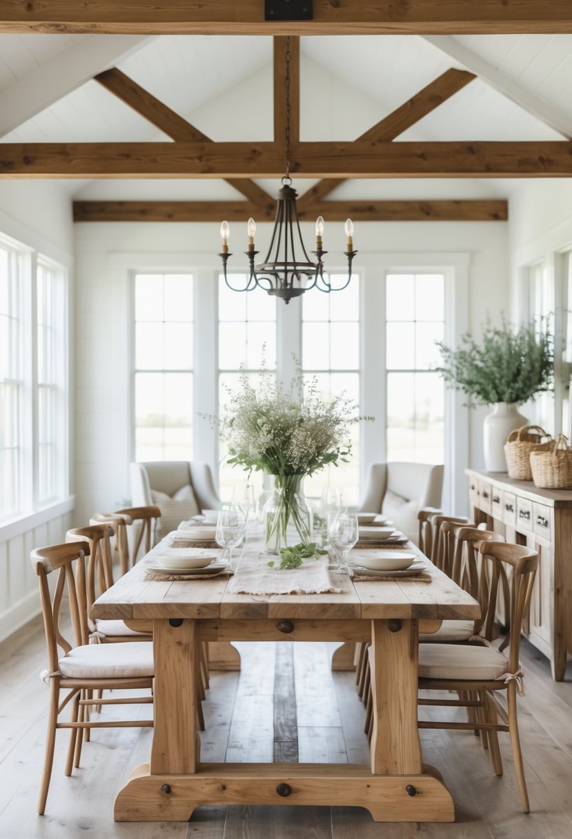 A large wooden farmhouse dining table set in a bright room with chairs, natural light, and simple decor.