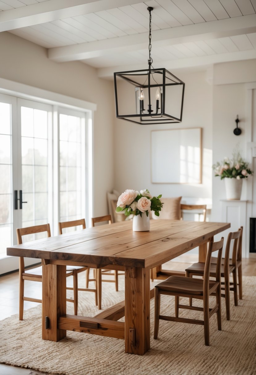 A large wooden dining table with matching chairs in a bright, spacious dining room.