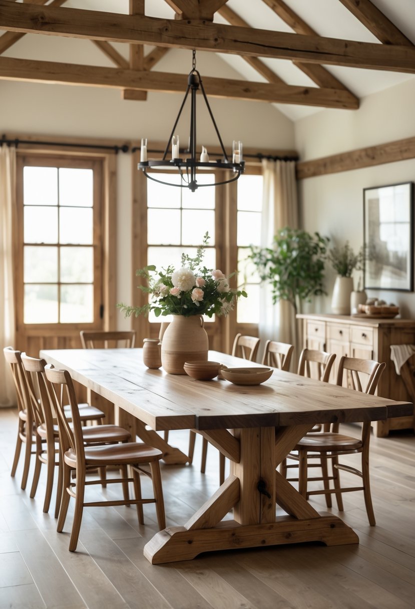 A large wooden dining table with trestle legs surrounded by chairs in a bright dining room with wooden floors and windows.