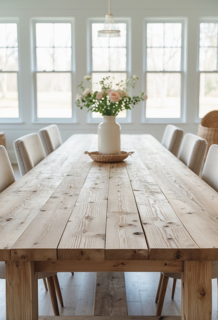 A large wooden dining table in a bright room with chairs around it and natural light coming through windows.