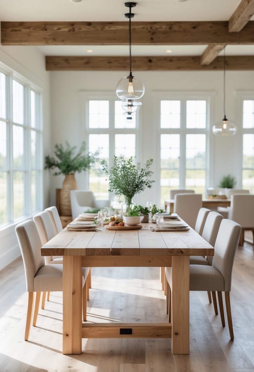 A bright dining room with a large wooden table and chairs, set near windows with natural light.