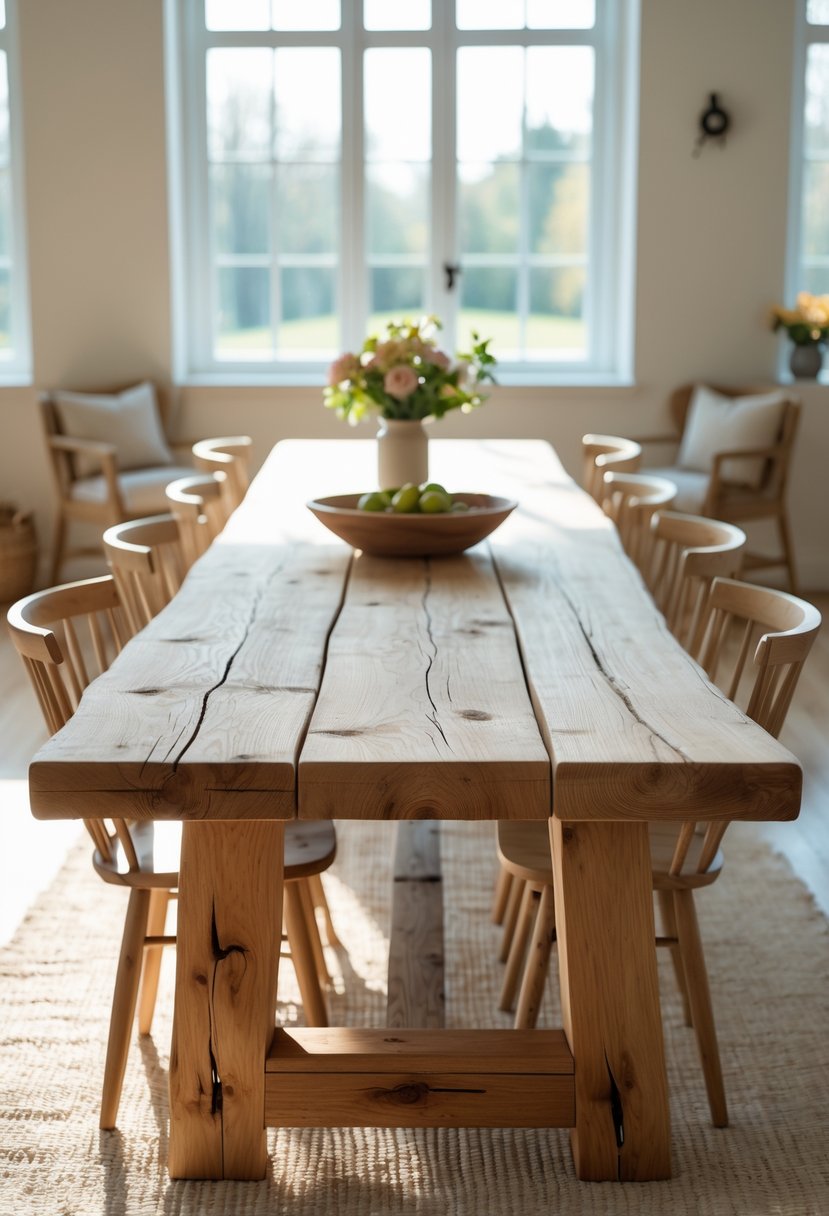 A large wooden dining table with chairs in a bright, sunlit dining room.