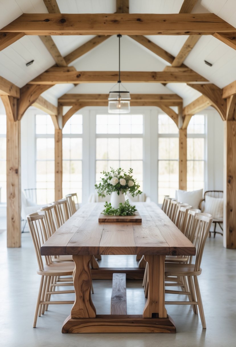 A long walnut dining table in a bright dining room with chairs around it and natural light coming through large windows.
