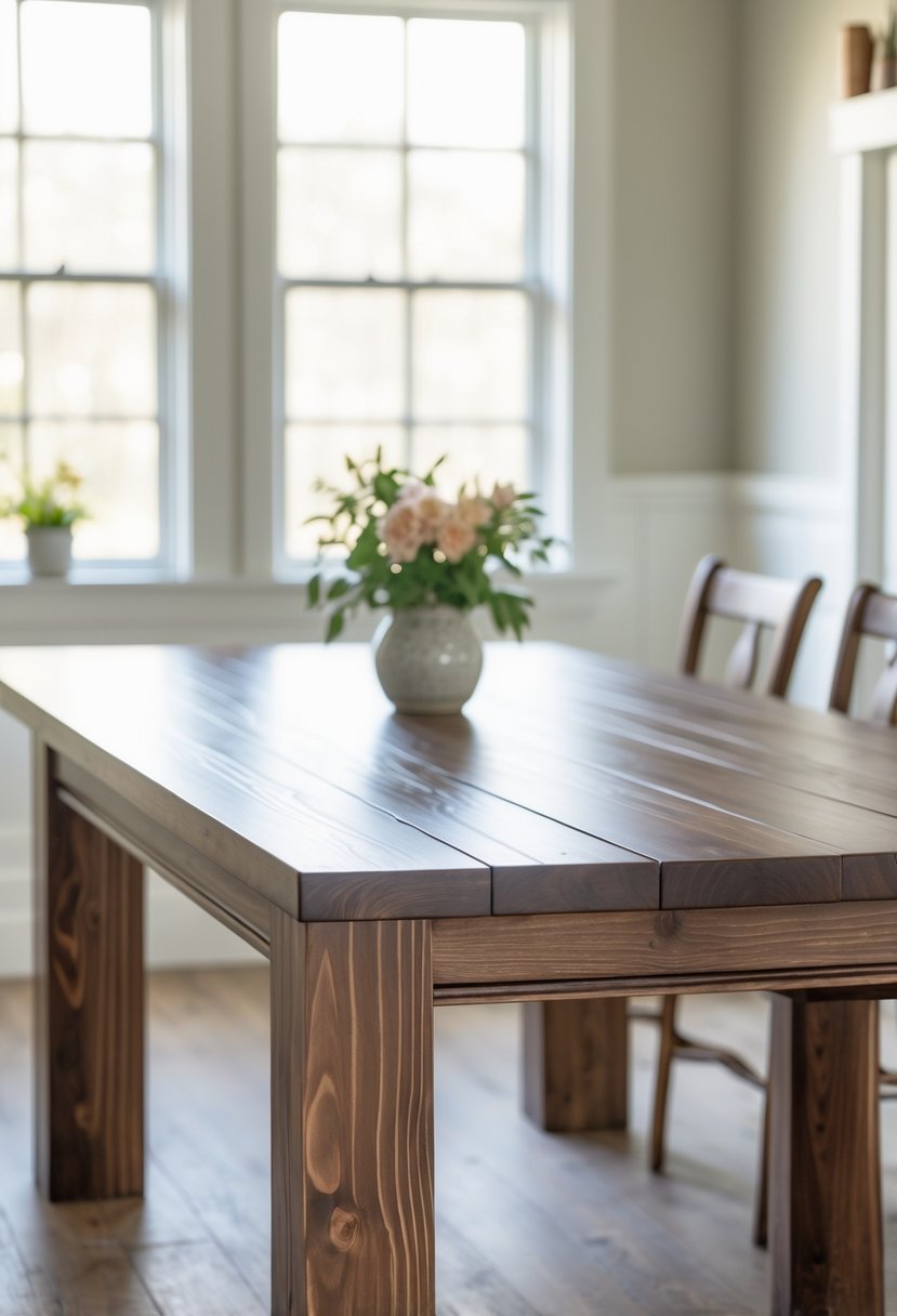 A dark stained maple farmhouse dining room table in a bright room with natural light and simple rustic decor.