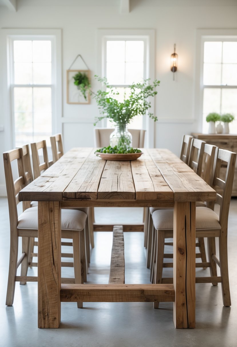A large wooden dining table in a bright room with chairs around it and natural light coming through the windows.