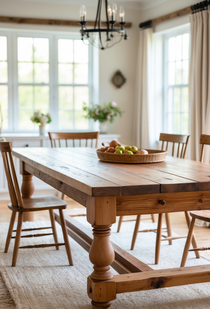 A wooden dining table with turned legs in a bright dining room with natural light.