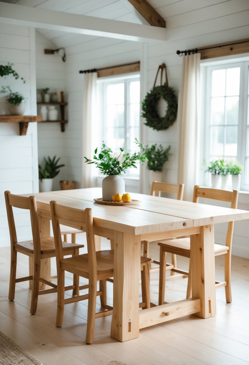 A large wooden dining table with chairs in a bright, spacious dining room with natural light and simple decor.