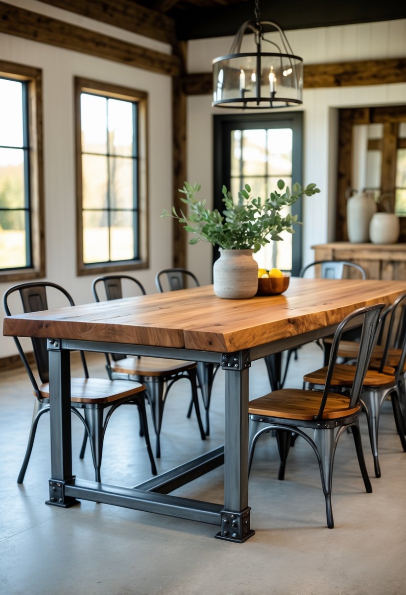 A large metal and wood dining table in a bright dining room with chairs around it and natural light coming through windows.