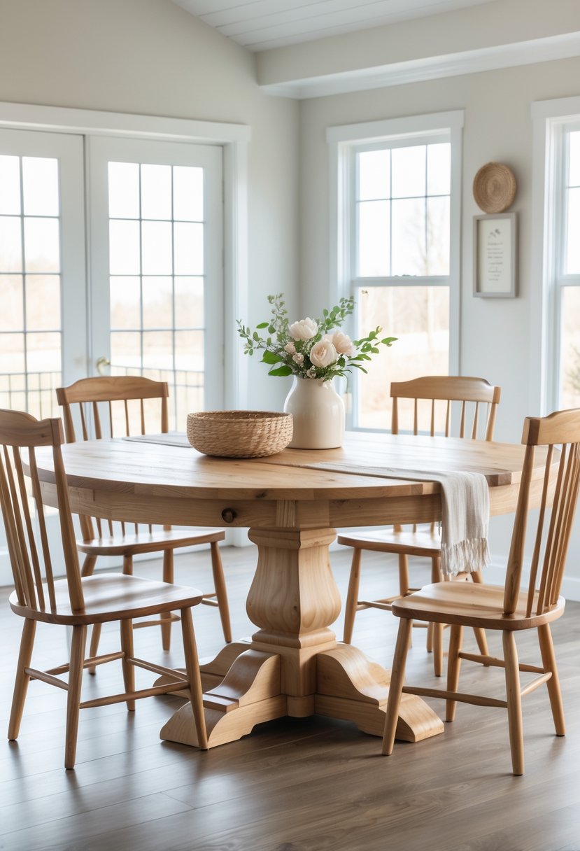 A round wooden dining table with chairs in a bright, spacious dining room.