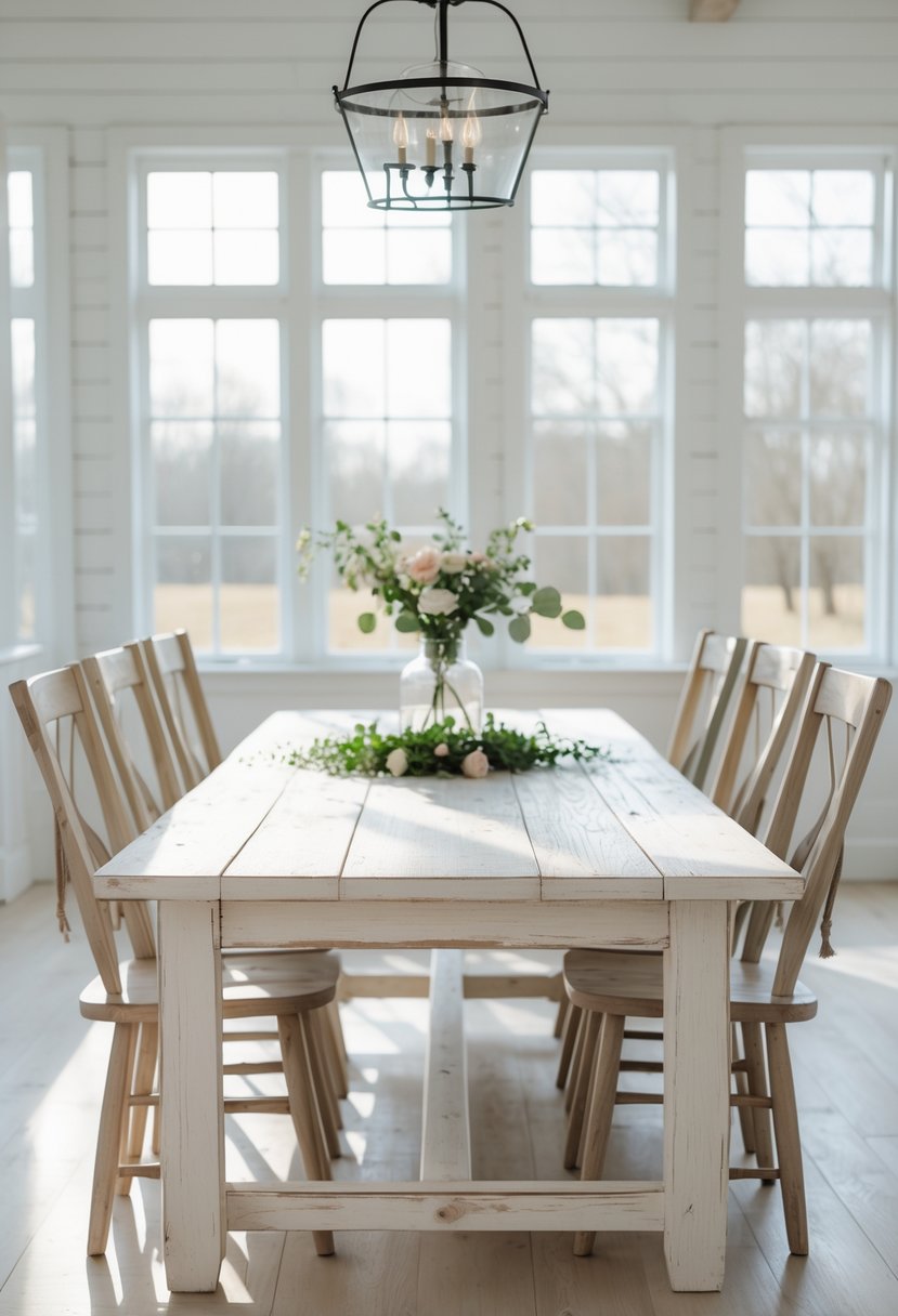 A whitewashed farmhouse dining table with matching chairs in a bright dining room with natural sunlight.