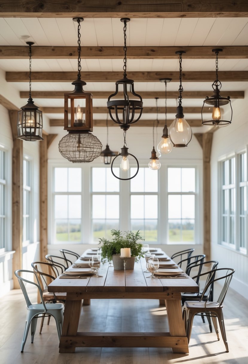 A farmhouse dining room with thirteen different light fixtures hanging above a wooden dining table surrounded by chairs.