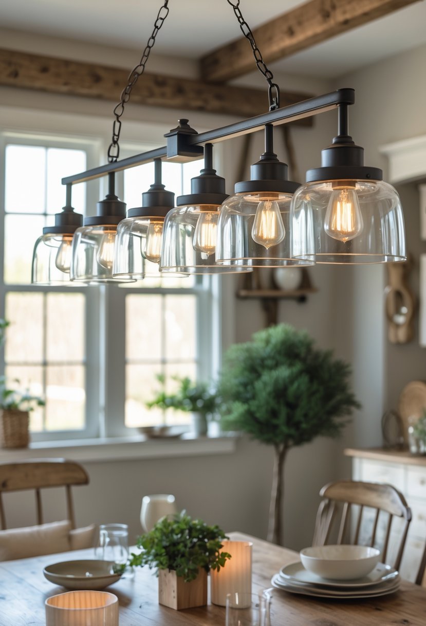 A dining room with a wooden table and a light fixture with clear glass shades hanging above it.