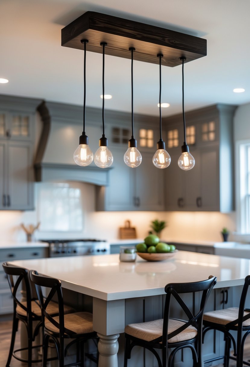 A kitchen island with a five-light pendant fixture hanging above it, surrounded by dining chairs in a bright kitchen.