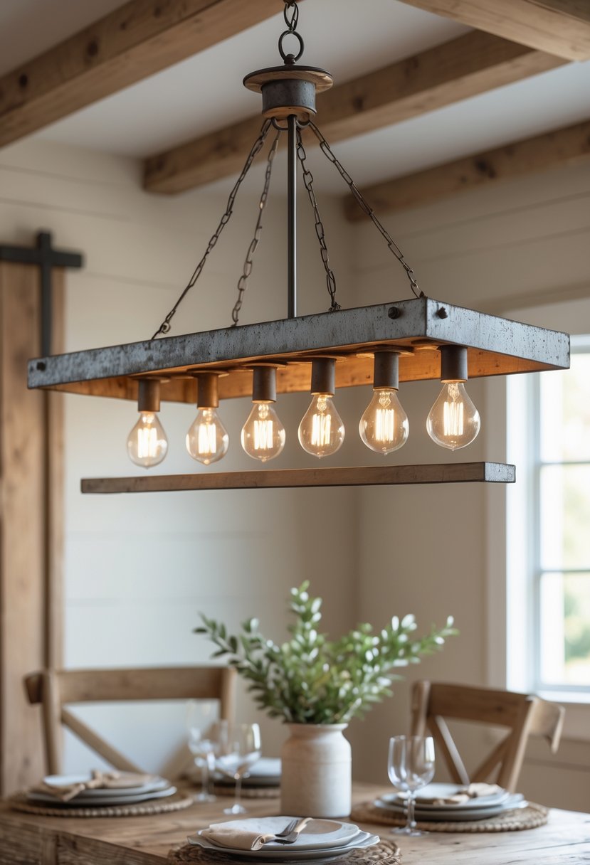 A 5-light metal chandelier hanging above a wooden dining table in a warmly lit dining room.
