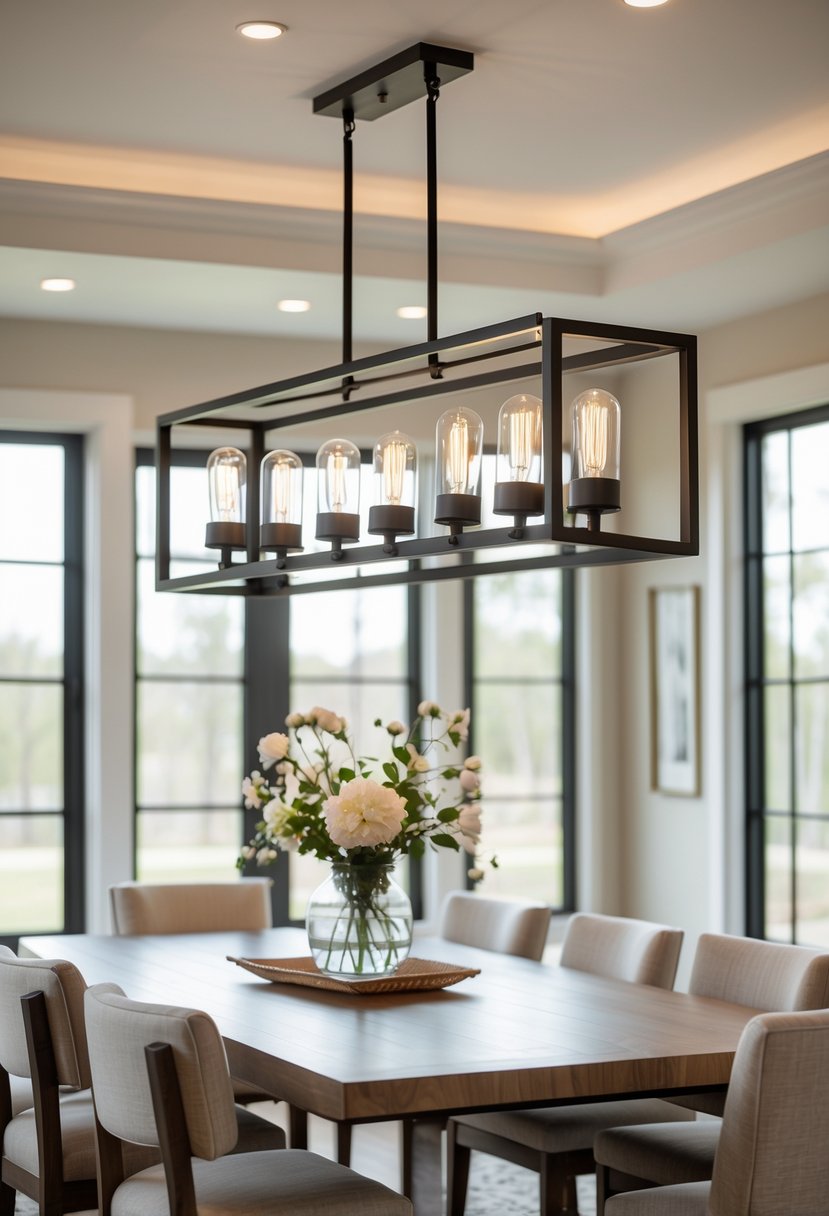 A rectangular pendant light hanging above a dining table in a bright dining room with chairs and a vase of flowers.