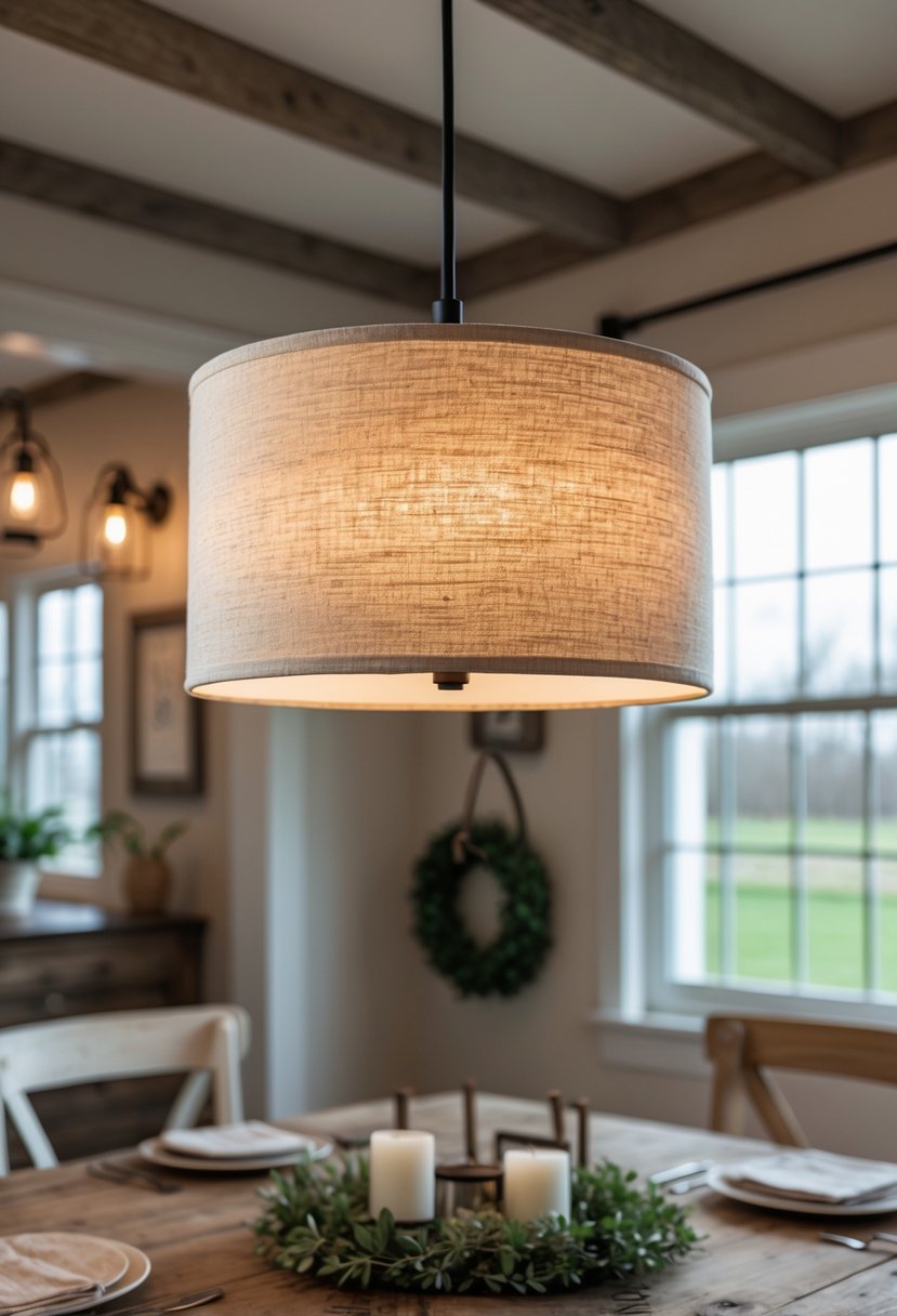 A drum pendant lamp with a linen fabric shade hanging above a dining table in a farmhouse dining room.