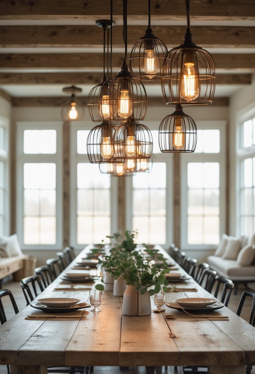 A dining room with thirteen metal cage pendant lights hanging above a long wooden table set for a meal.