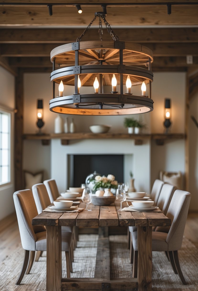 A dining room with a large wood and metal chandelier hanging above a wooden table set for a meal.
