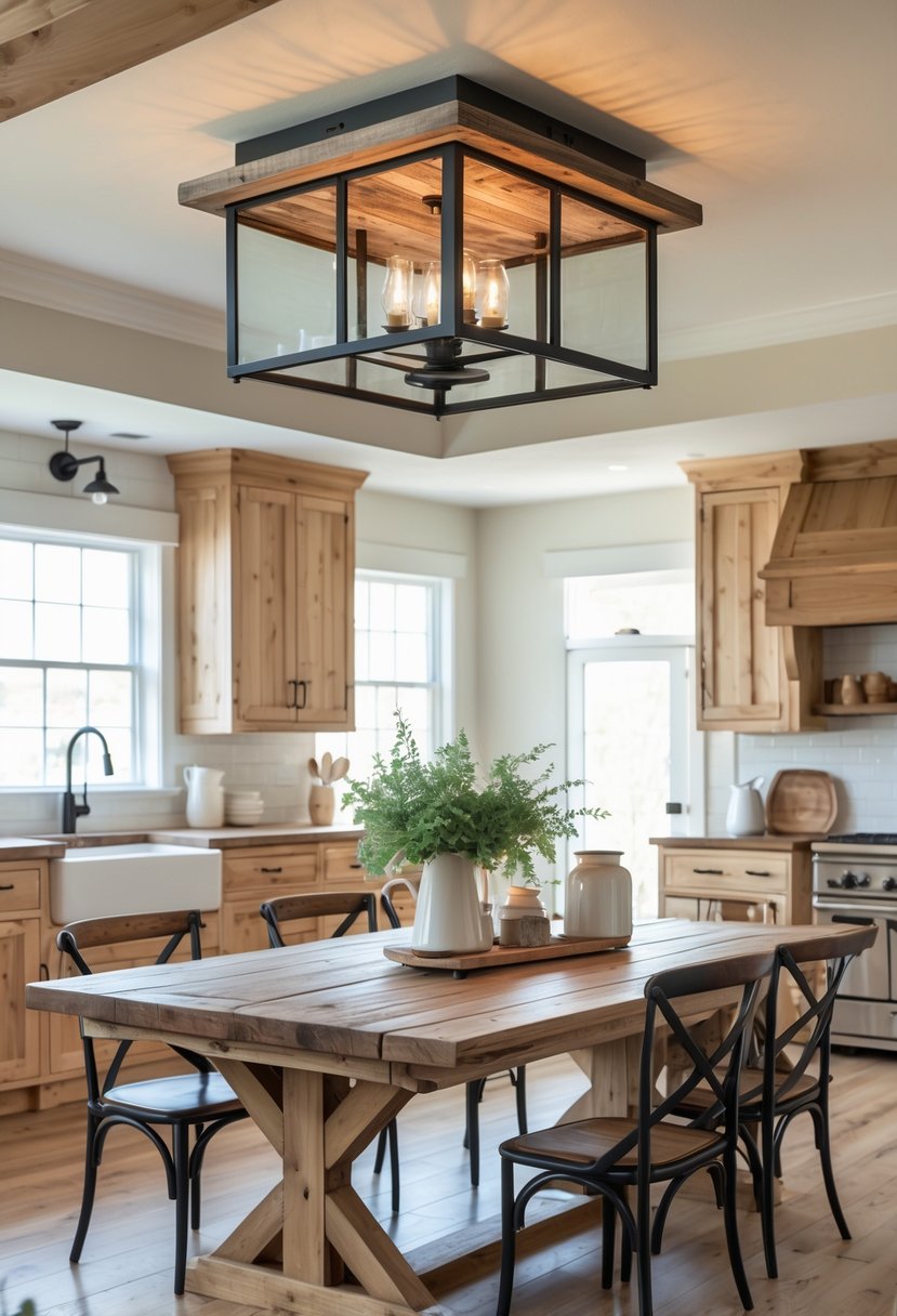 A rustic flush mount ceiling light hangs above a wooden dining table in a bright kitchen with natural wood cabinets and large windows.