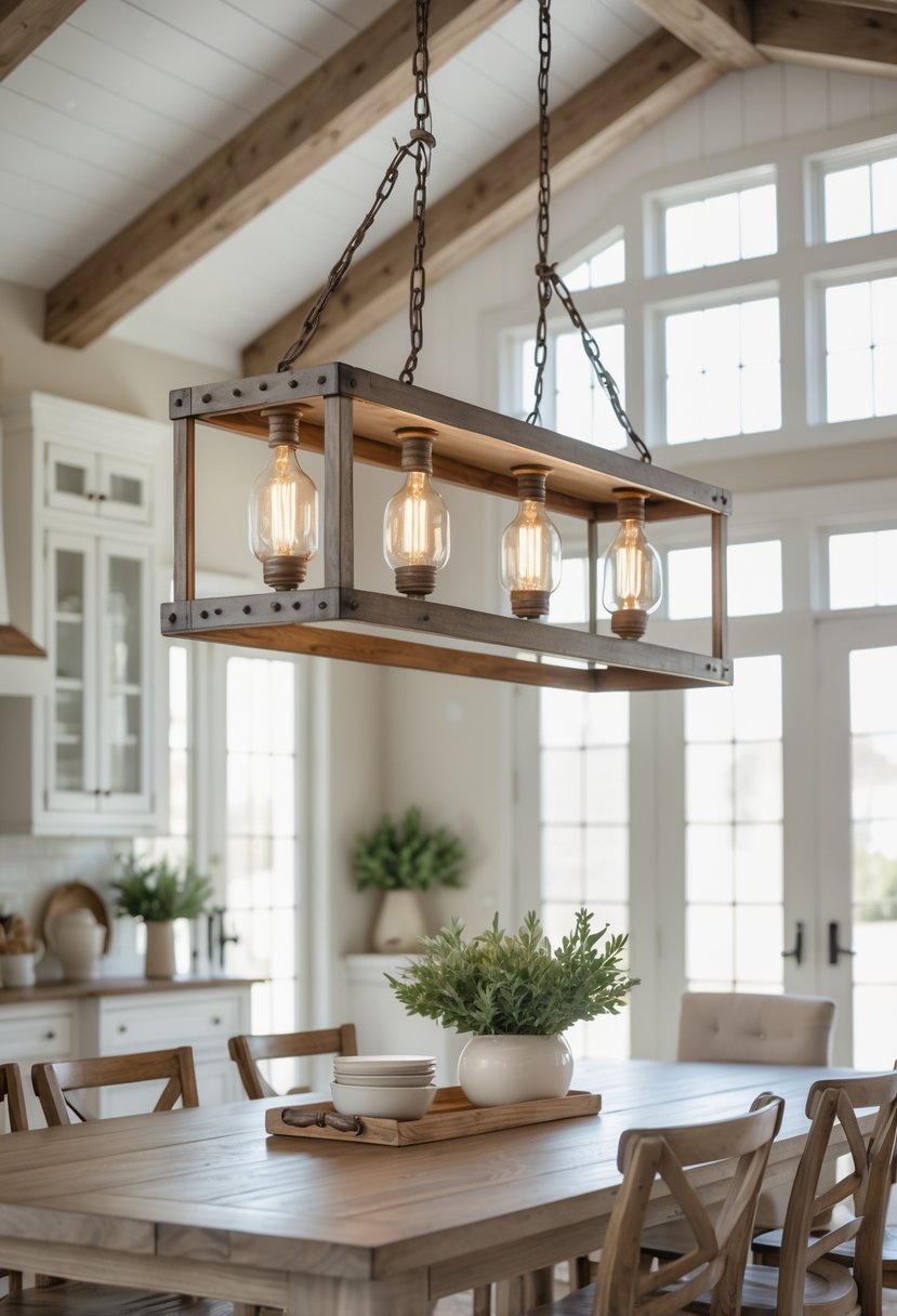 A dining room with a wooden table and a five-light pendant light fixture hanging above it.