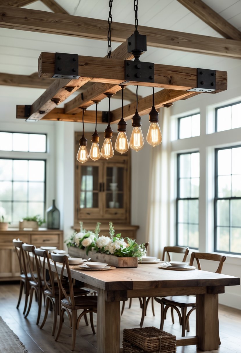 A wooden beam chandelier with metal accents hanging above a dining table in a bright room.