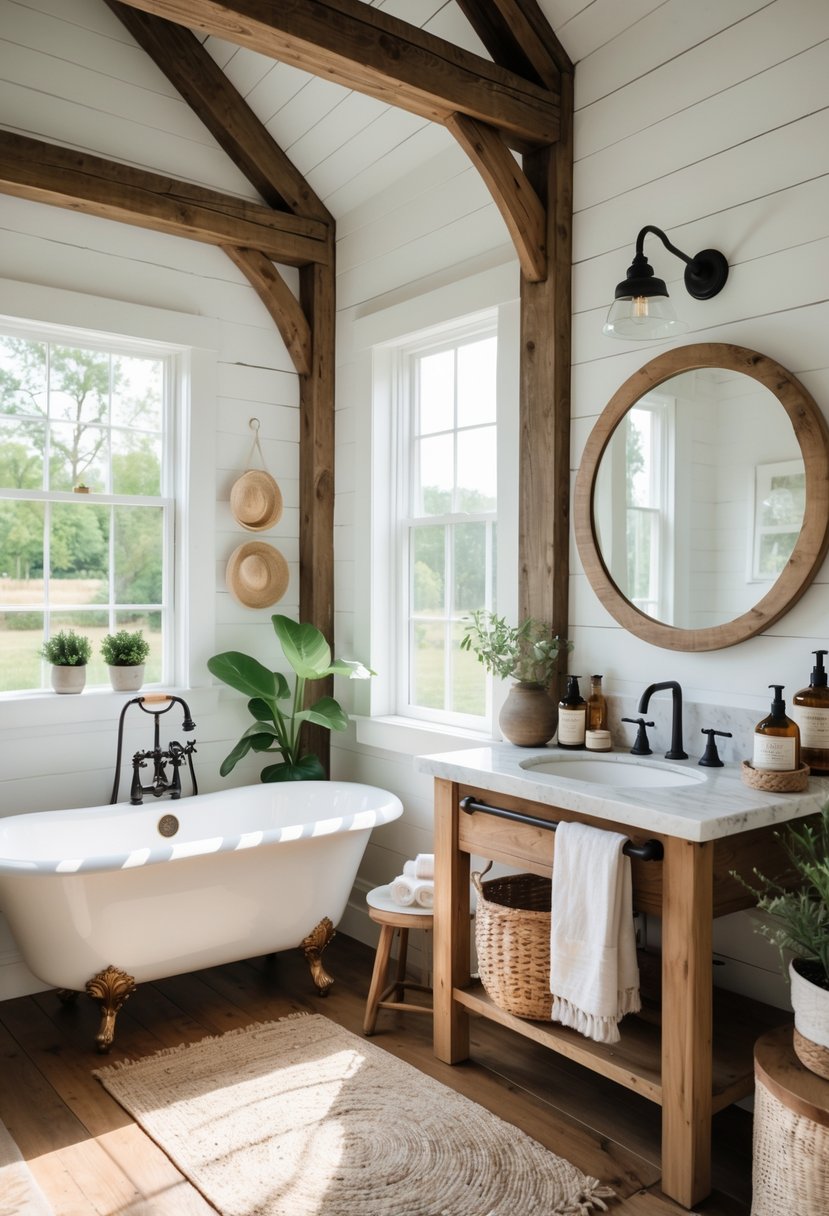 A bright bathroom with a clawfoot bathtub, wooden vanity, round mirror, plants, and natural light coming through a large window.