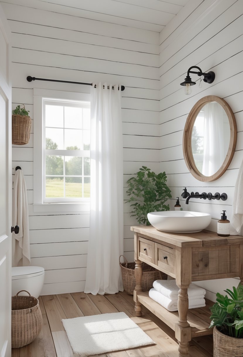 A bright bathroom with white wooden walls, a wooden vanity, a round mirror, and plants on the counter.