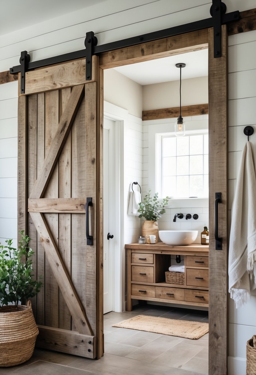A rustic bathroom entryway with reclaimed barn doors made of weathered wood, showing a cozy bathroom interior with a wooden vanity, sink, and natural lighting.