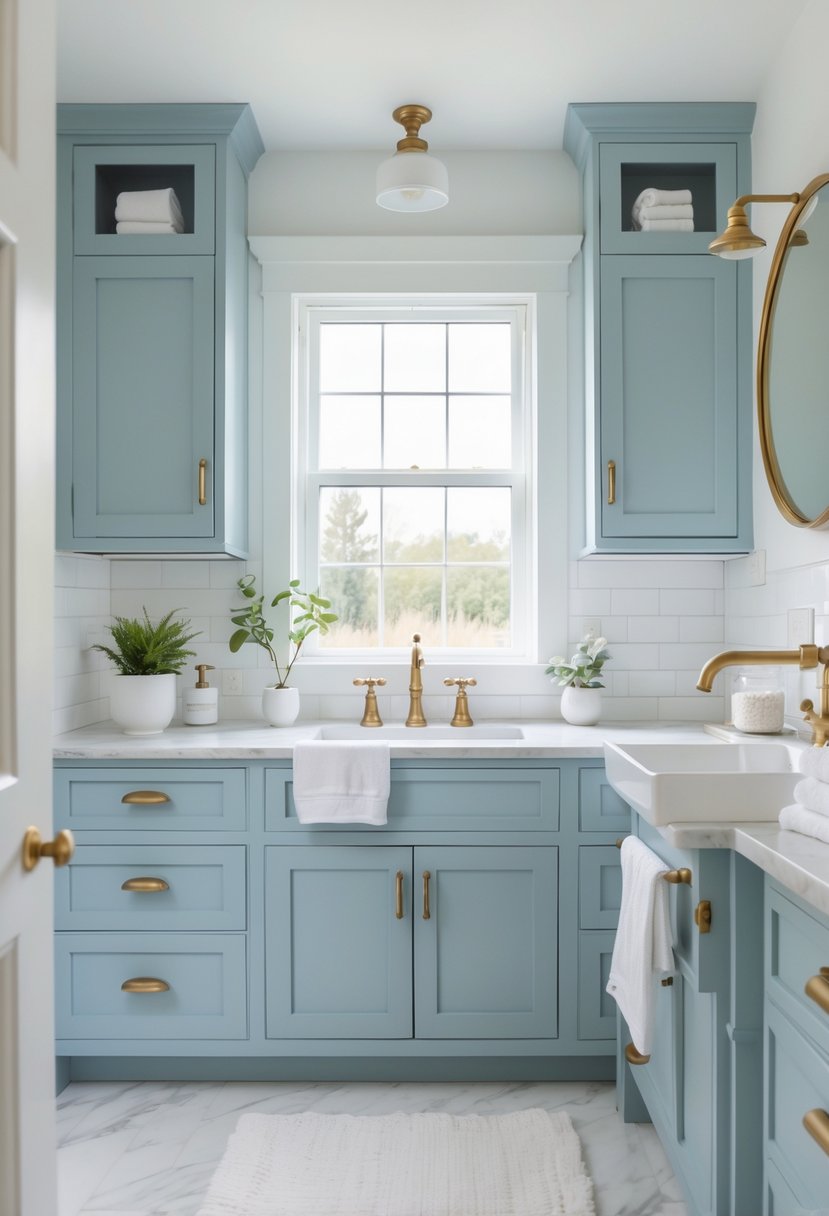 A bright bathroom with soft blue cabinets and brass faucets, featuring a white marble countertop and a round mirror.