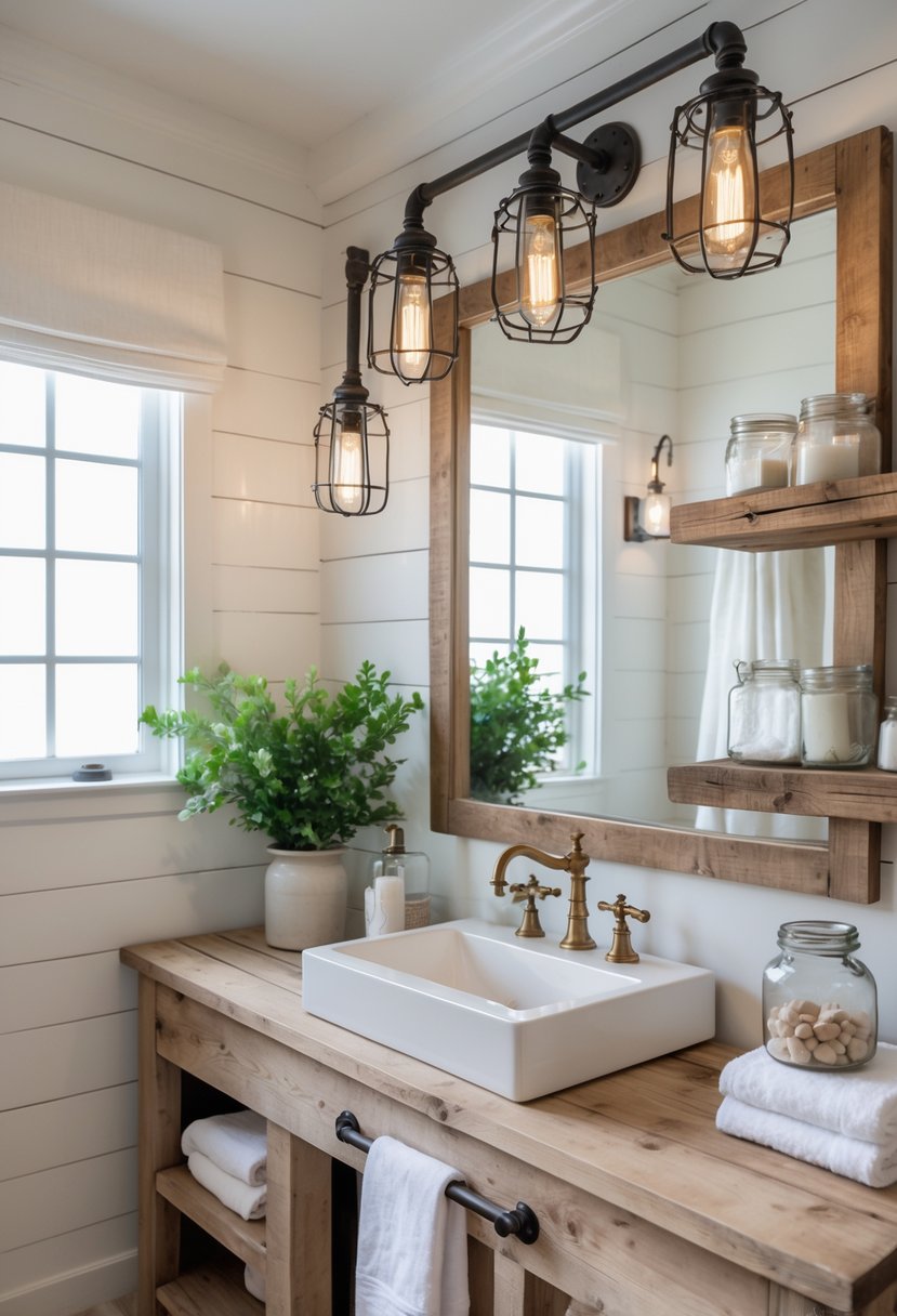 A bathroom with a wooden vanity, sink, mirror, and industrial-style light fixtures above the mirror.