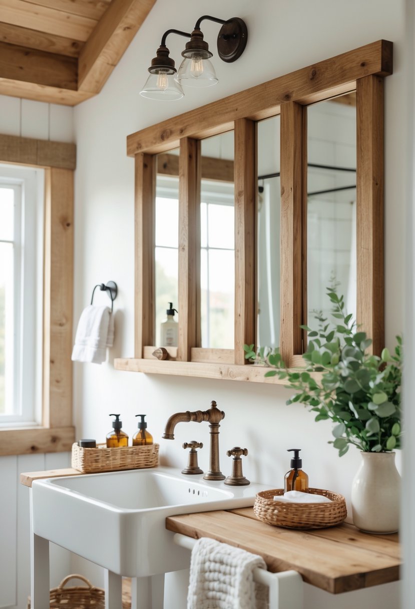 A bathroom with wood-framed mirrors above a sink, wooden shelves, and natural light coming through a window.