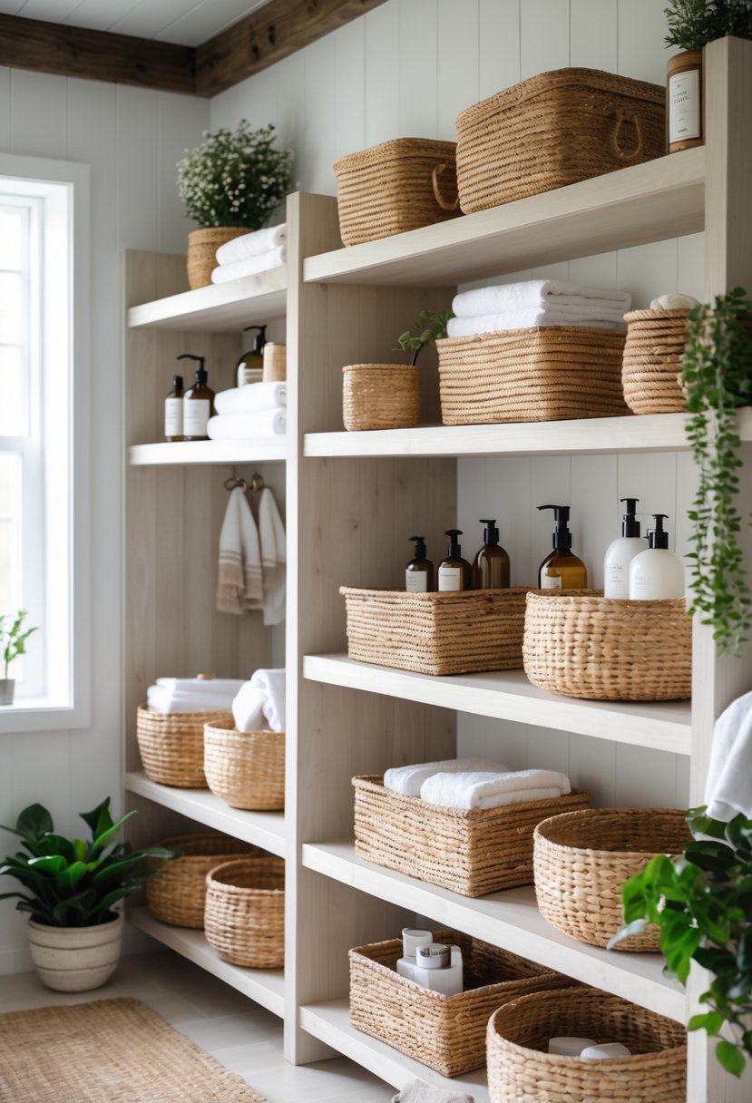 A bathroom with open wooden shelves holding woven baskets filled with towels and toiletries.