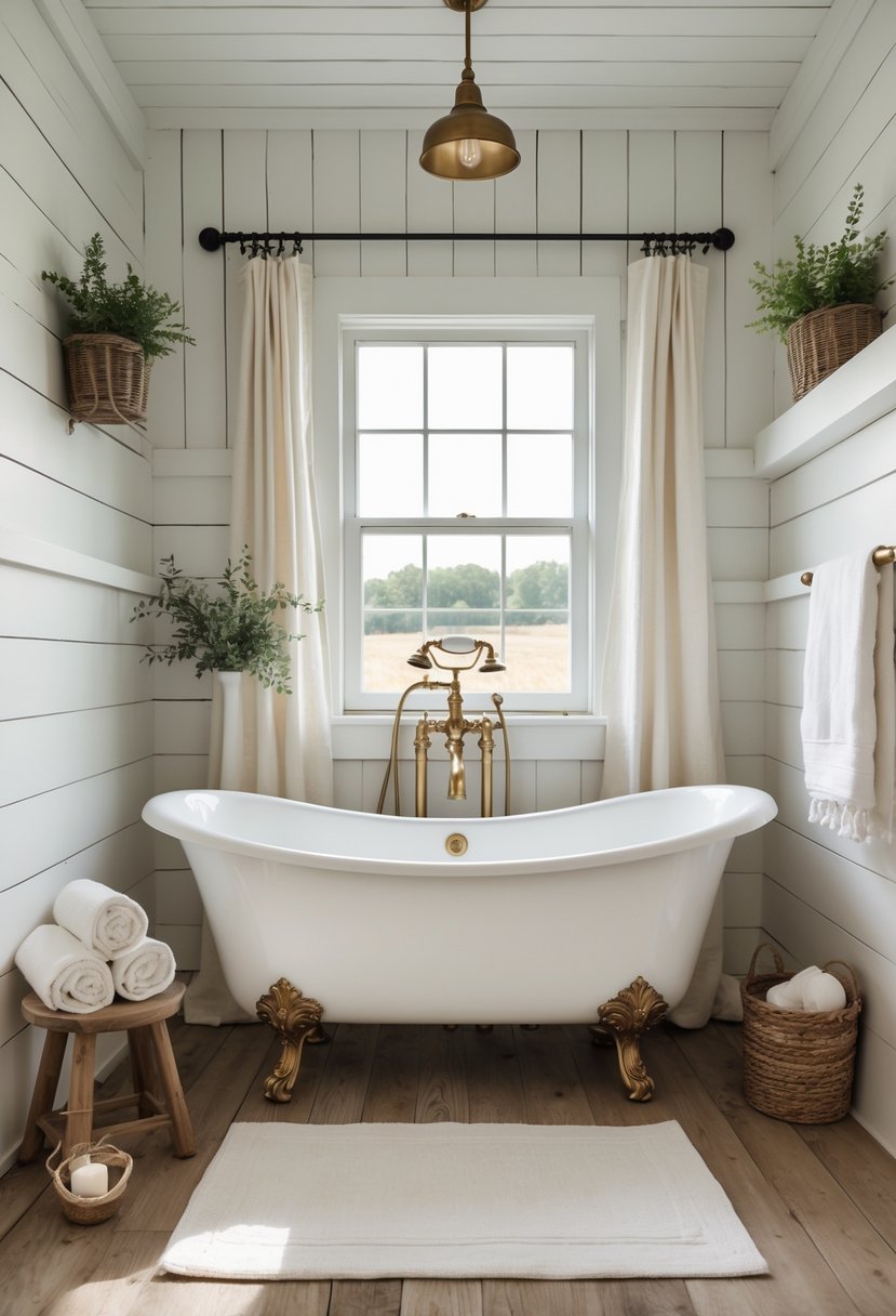 A farmhouse bathroom featuring a white clawfoot bathtub with metal feet, wooden floors, a large window letting in natural light, and rustic bathroom accessories.