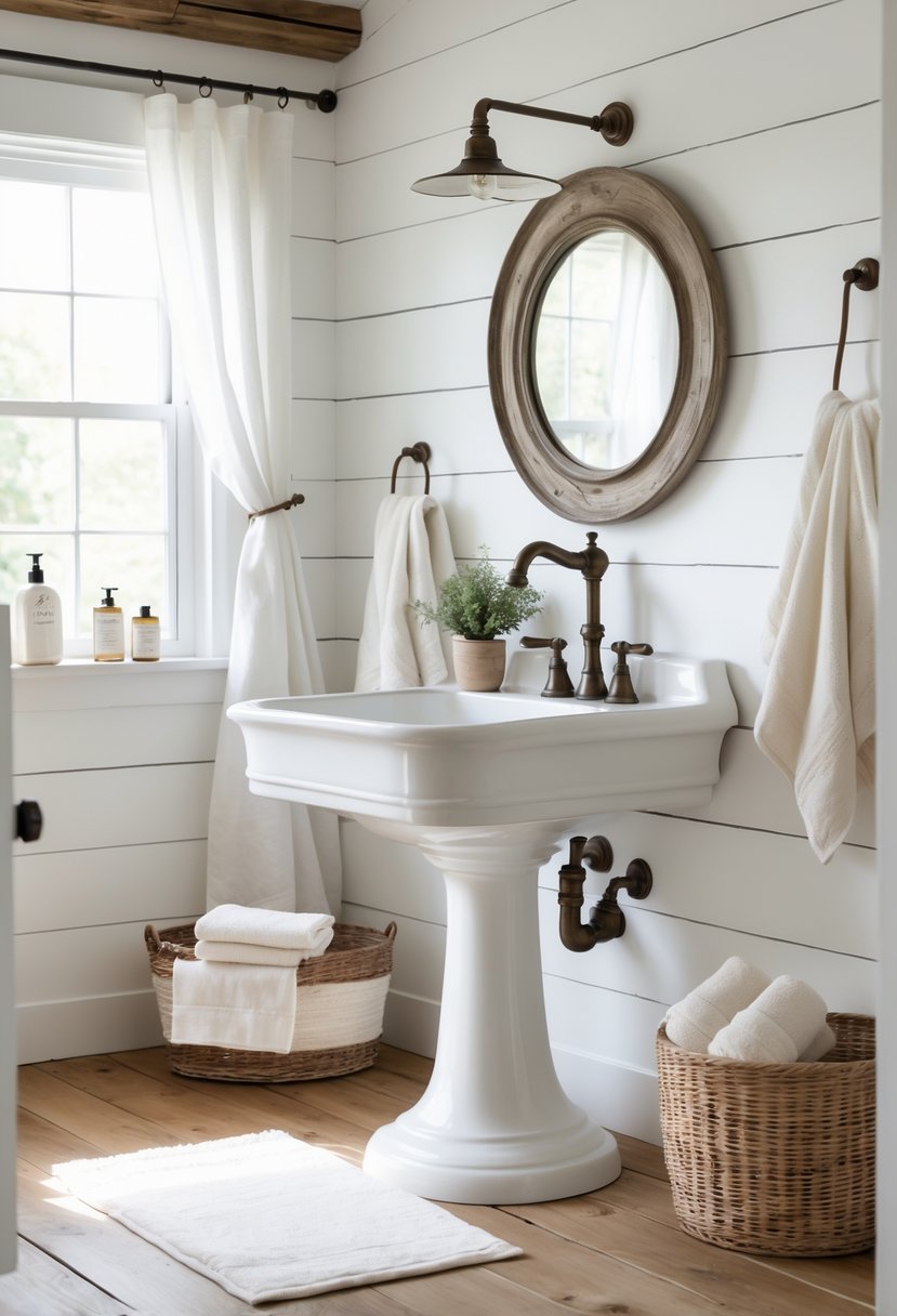 A bright bathroom with a white pedestal sink, a round mirror, wooden walls, and natural light coming through a window.