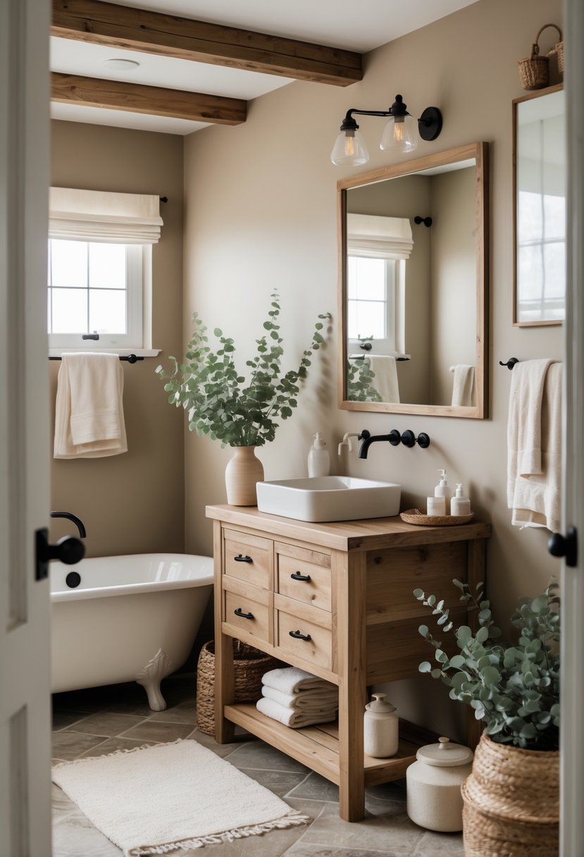 A farmhouse bathroom with a wooden vanity, white sink, freestanding bathtub, plants, and natural light.
