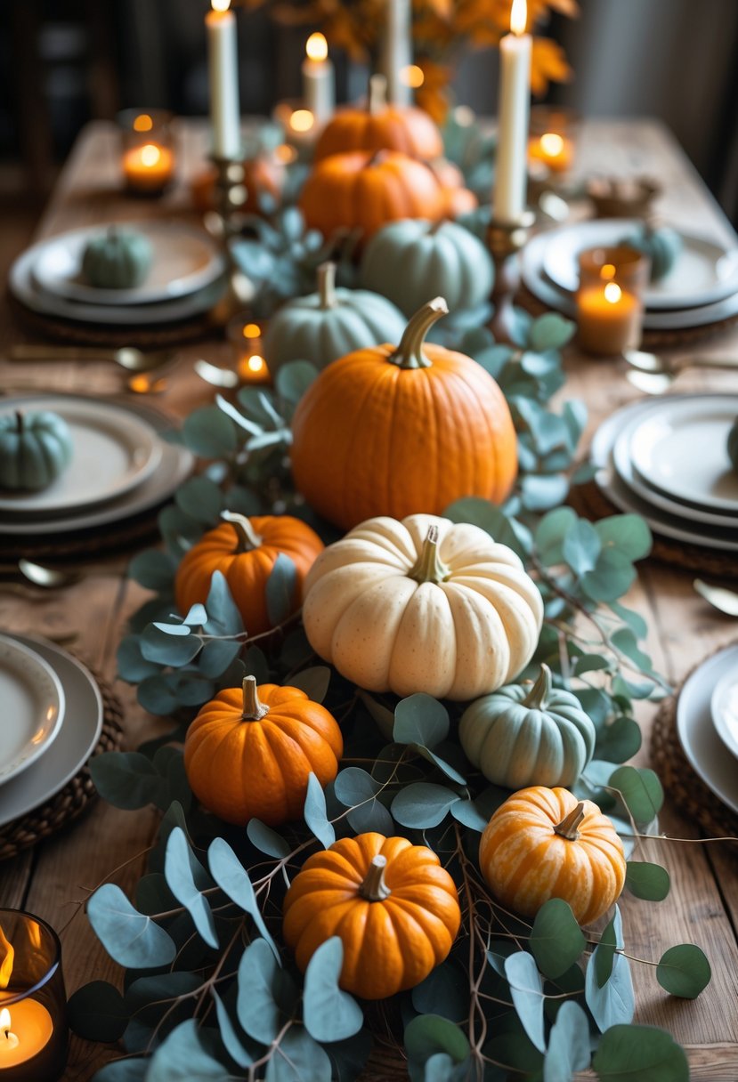 A Thanksgiving table with a centerpiece of pumpkins and eucalyptus branches on a wooden surface.