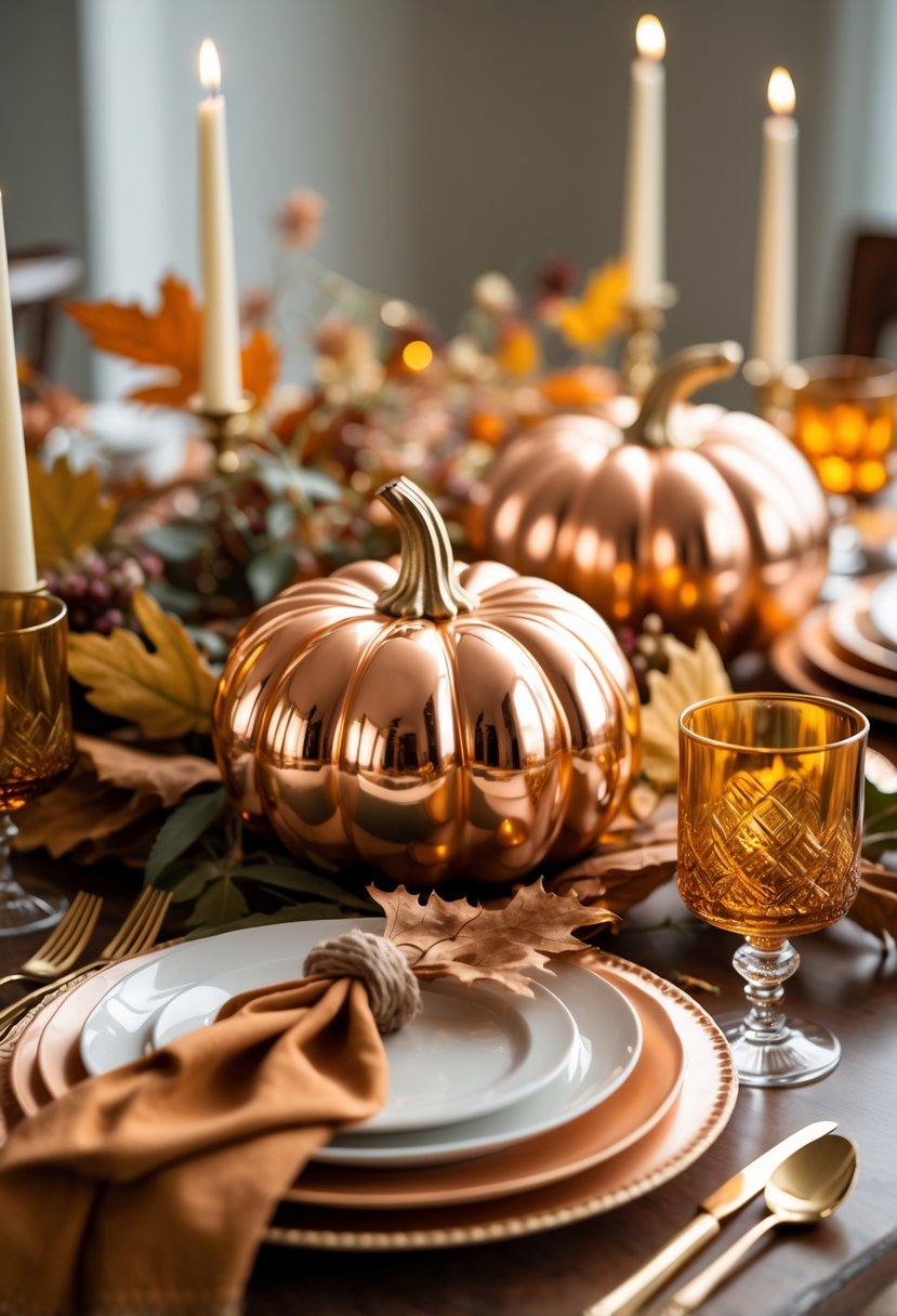 Thanksgiving table decorated with metallic gold and copper pumpkins, autumn leaves, candles, and warm-toned tableware.