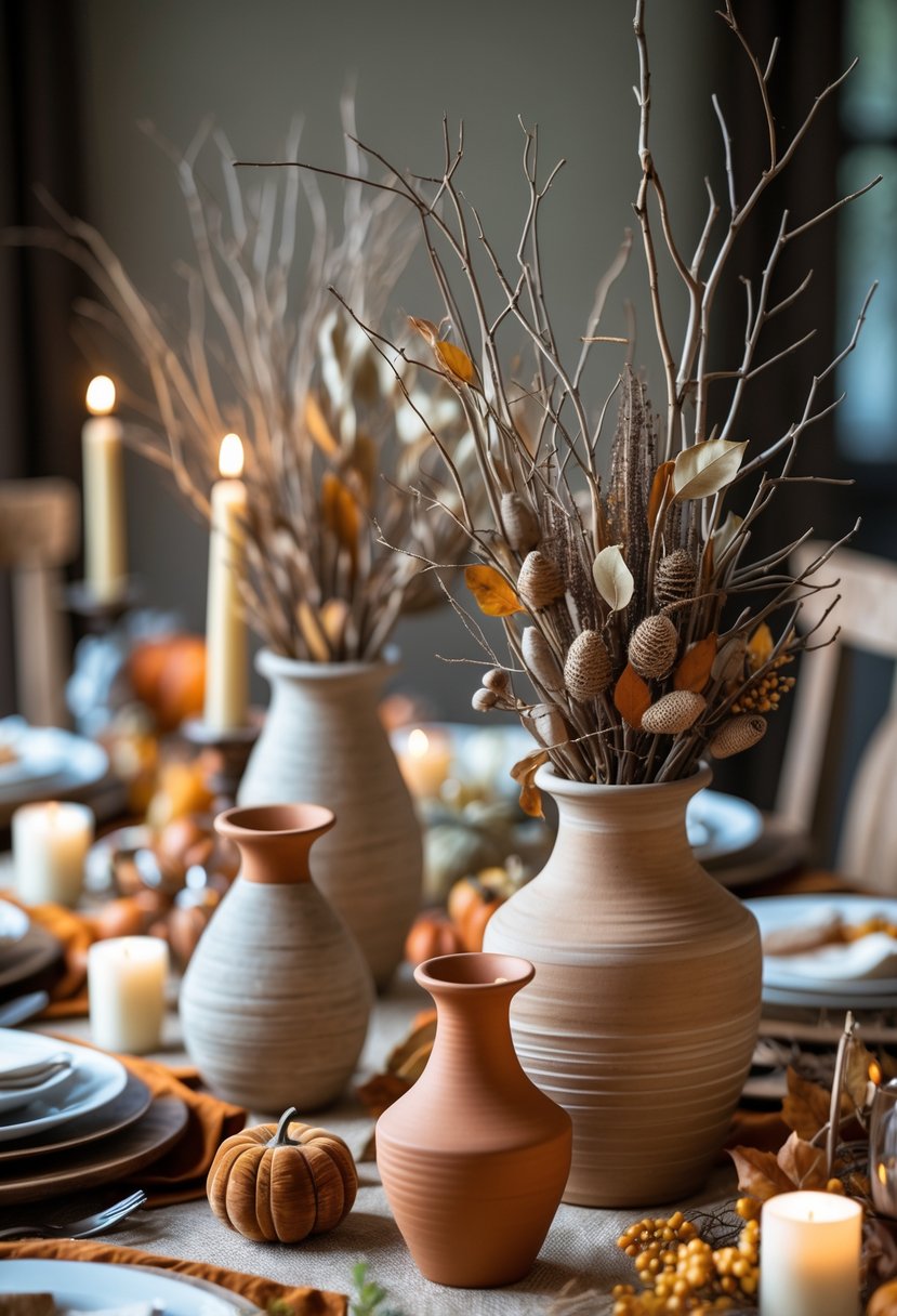 Thanksgiving table with terracotta vases holding dried branches as the centerpiece.