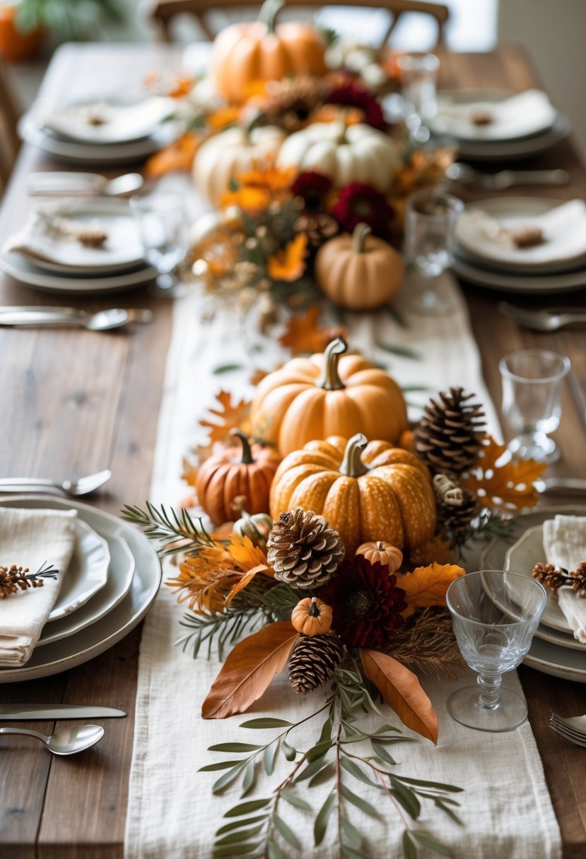 A Thanksgiving dining table set with botanical linen table runners, autumn decorations, plates, silverware, and glassware.