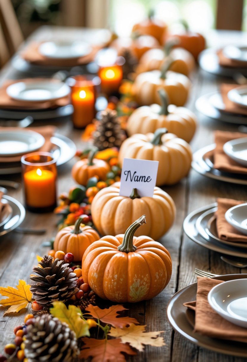 A Thanksgiving dining table set with 12 mini pumpkins used as place card holders surrounded by fall decorations like leaves, gourds, and candles.