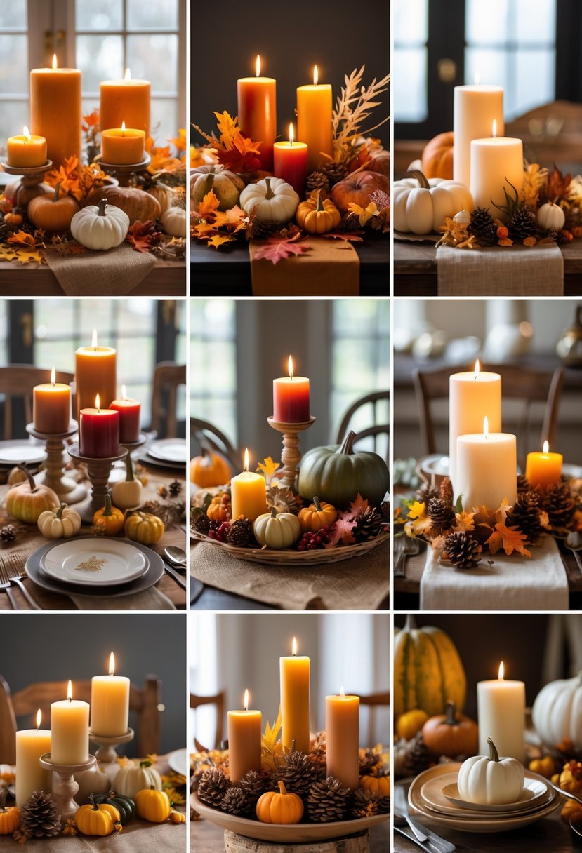 A collection of twelve Thanksgiving tables decorated with candles, pumpkins, fall leaves, and harvest-themed items.