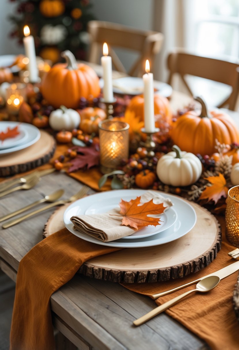 A Thanksgiving dining table set with natural wood charger plates, autumn decorations, and warm-colored place settings.